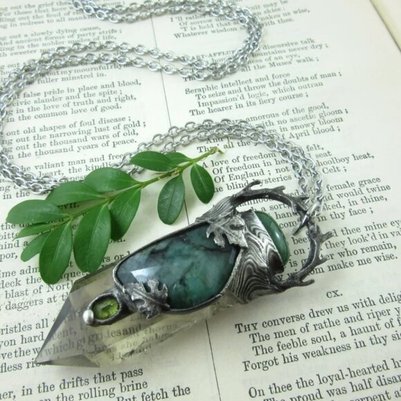 Artisan Etsy Callisto Jewelry EMERALDS, Smoky Quartz & Peridot Crystal Pendant! - Picture 5 of 5